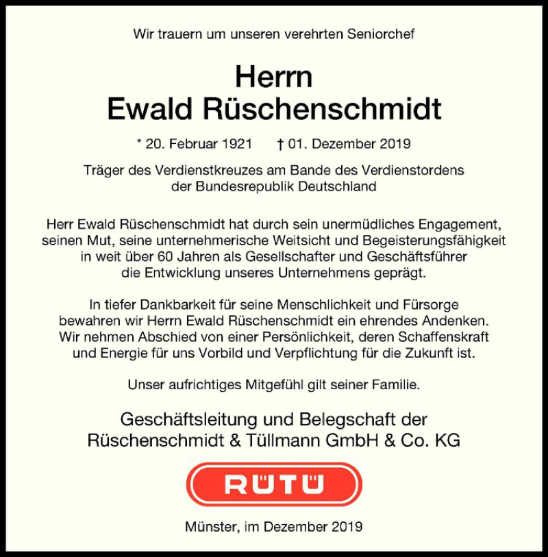  Traueranzeige für Ewald Rüschenschmidt vom 29.11.2019 aus Westfälische Nachrichten