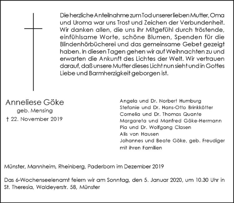  Traueranzeige für Anneliese Göke vom 21.12.2019 aus Westfälische Nachrichten