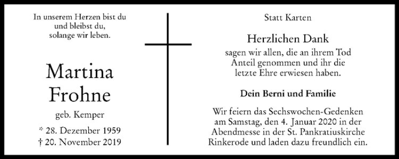  Traueranzeige für Martina Frohne vom 28.12.2019 aus Westfälische Nachrichten