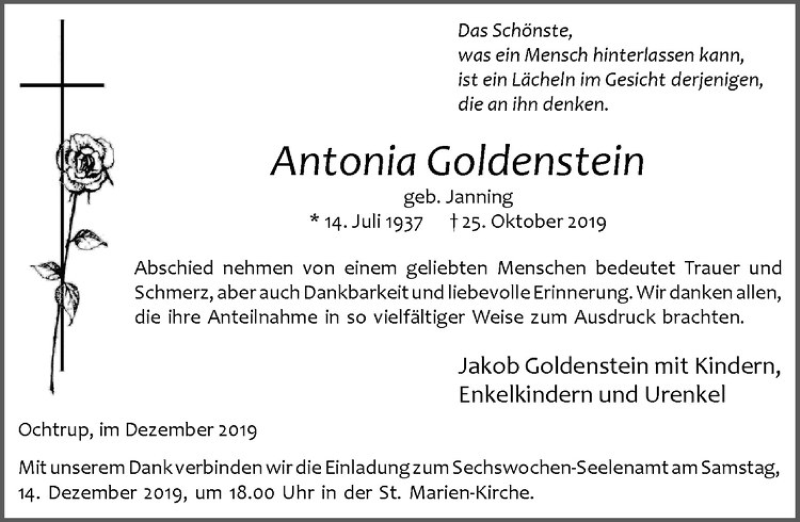  Traueranzeige für Antonia Goldenstein vom 11.12.2019 aus Westfälische Nachrichten