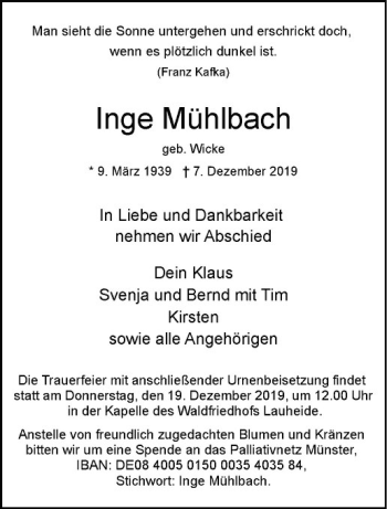 Anzeige von Inge Mühlbach von Westfälische Nachrichten