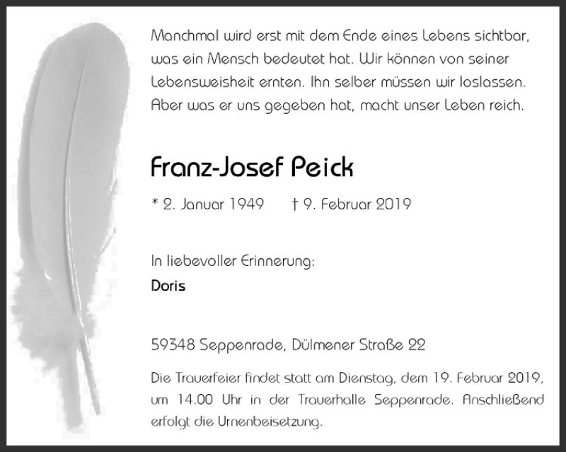  Traueranzeige für Franz-Josef Peick vom 13.02.2019 aus Westfälische Nachrichten