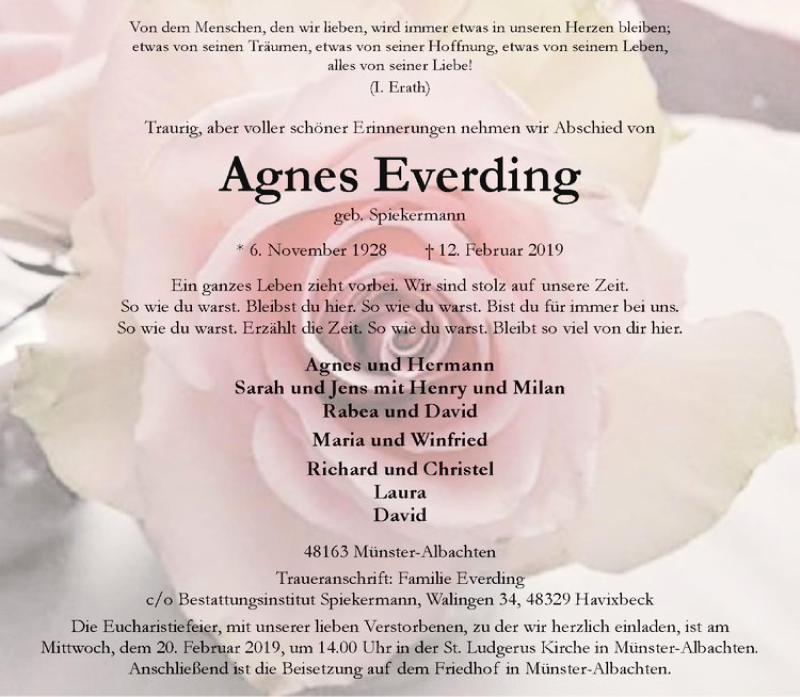  Traueranzeige für Agnes Everding vom 16.02.2019 aus Westfälische Nachrichten