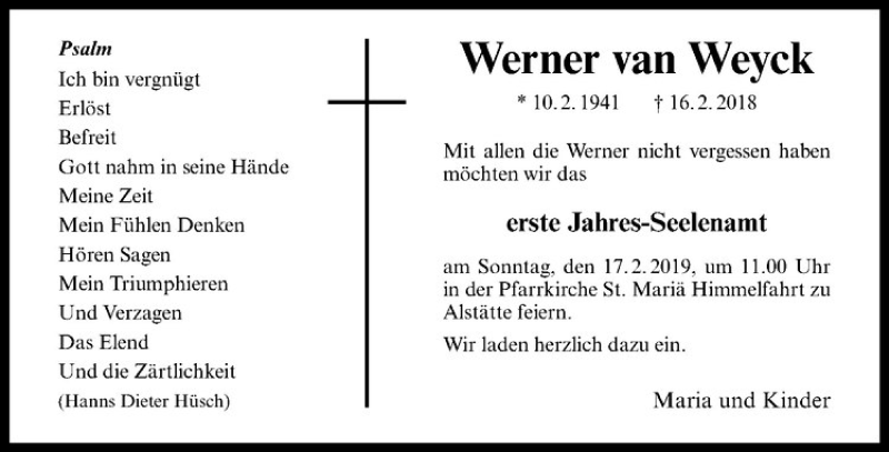  Traueranzeige für Werner van Weyck vom 12.02.2019 aus Westfälische Nachrichten