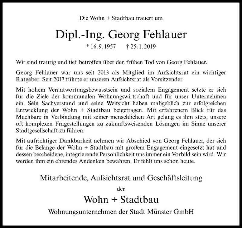  Traueranzeige für Georg Fehlauer vom 02.02.2019 aus Westfälische Nachrichten