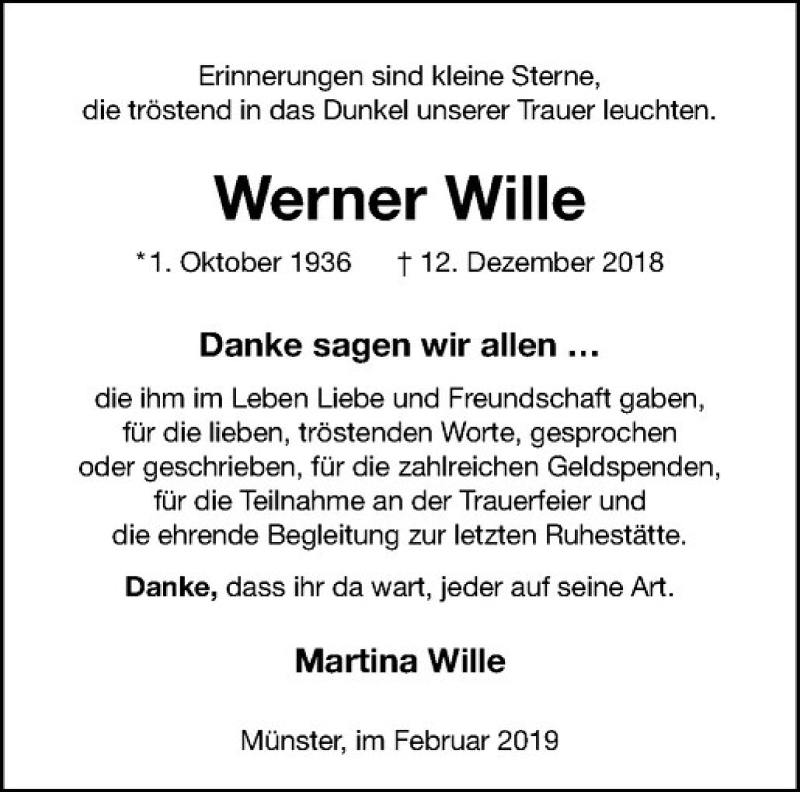  Traueranzeige für Werner Wille vom 09.02.2019 aus Westfälische Nachrichten