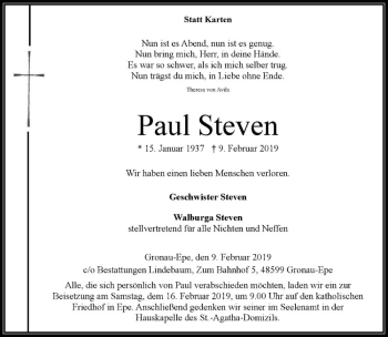 Anzeige von Paul Steven von Westfälische Nachrichten