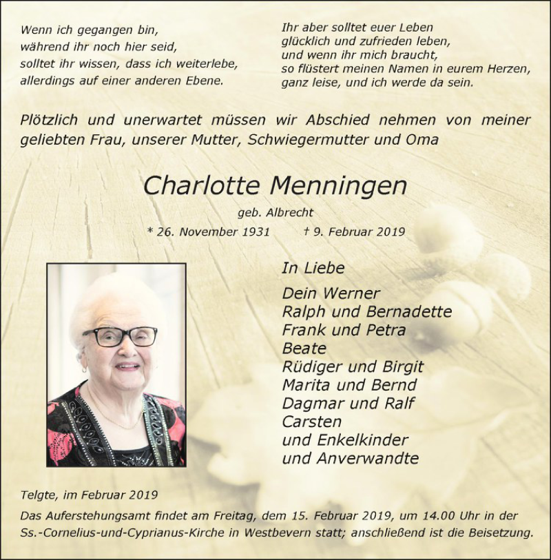  Traueranzeige für Charlotte Menningen vom 13.02.2019 aus Westfälische Nachrichten