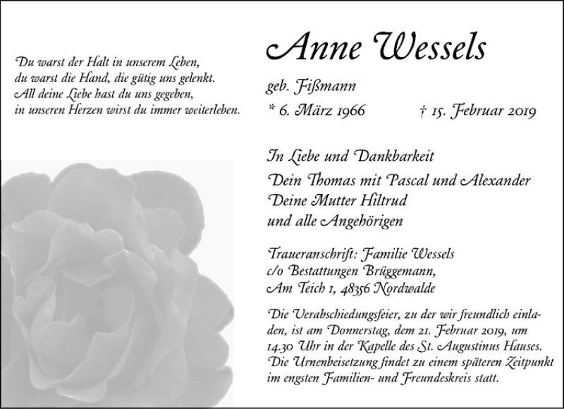  Traueranzeige für Anne Wessels vom 19.02.2019 aus Westfälische Nachrichten