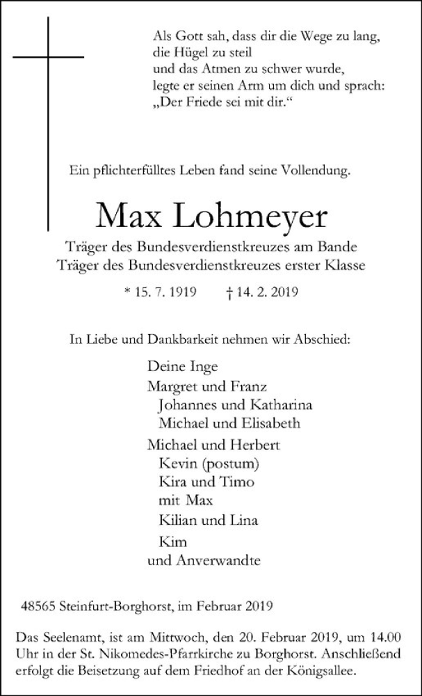  Traueranzeige für Max Lohmeyer vom 16.02.2019 aus Westfälische Nachrichten