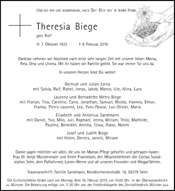 Anzeige von Theresia Biege von Westfälische Nachrichten
