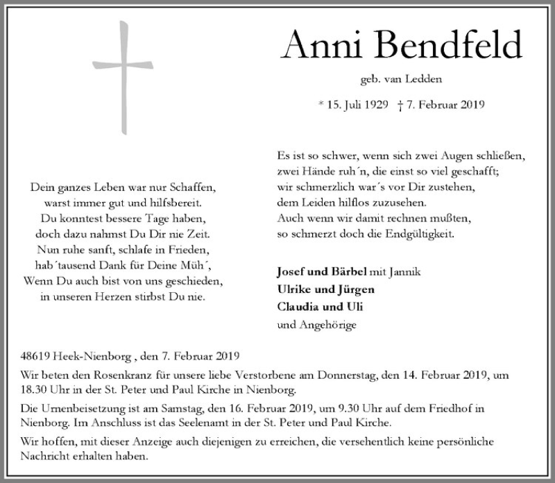  Traueranzeige für Anni Bendfeld vom 09.02.2019 aus Westfälische Nachrichten