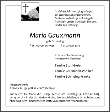 Anzeige von Maria Gauxmannn von Westfälische Nachrichten