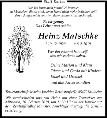 Anzeige von Heinz Matschke von Westfälische Nachrichten