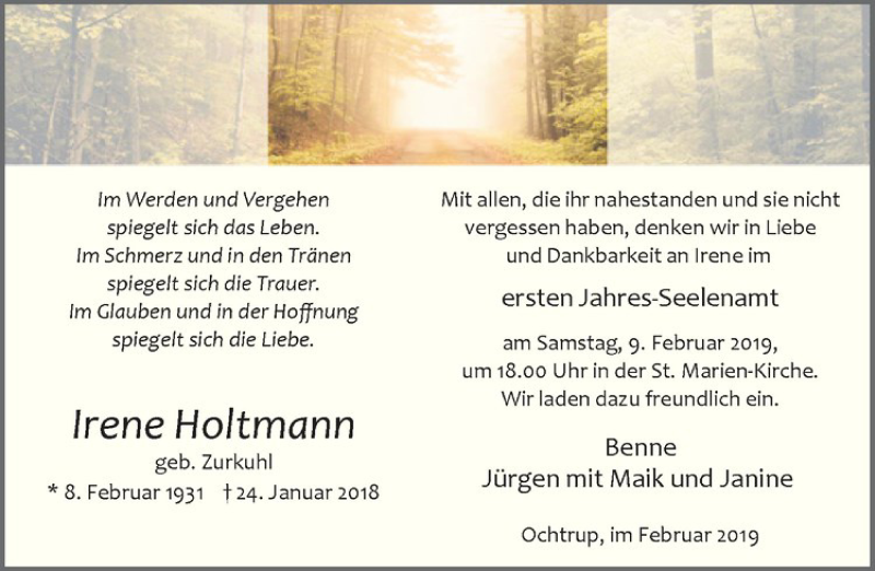  Traueranzeige für Irene Holtmann vom 06.02.2019 aus Westfälische Nachrichten