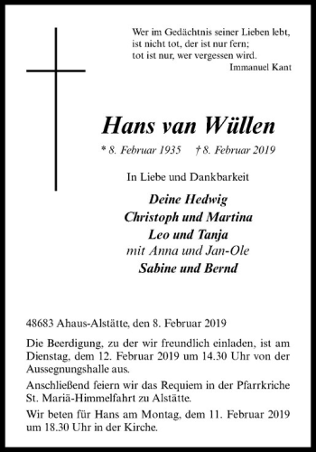 Anzeige von Hans van Wüllen von Westfälische Nachrichten
