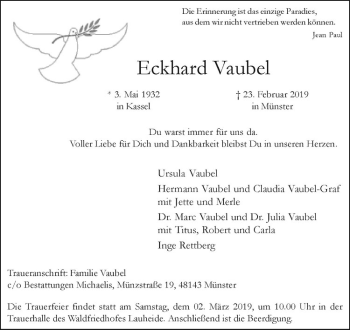 Anzeige von Eckhard Vaubel von Westfälische Nachrichten
