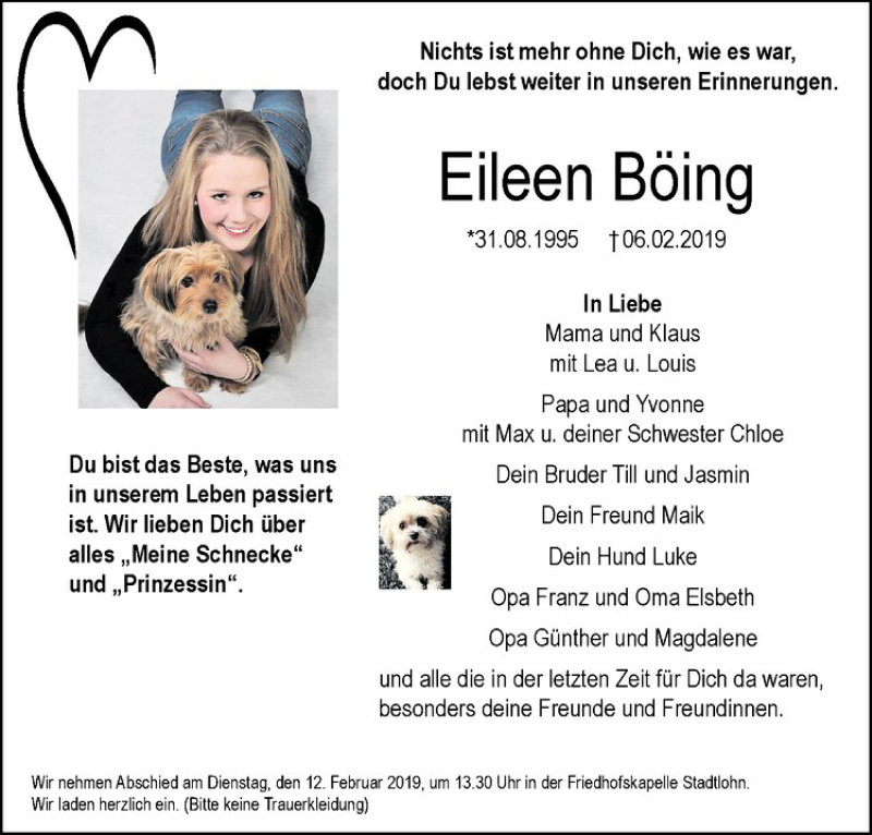  Traueranzeige für Eileen Böing vom 09.02.2019 aus Westfälische Nachrichten