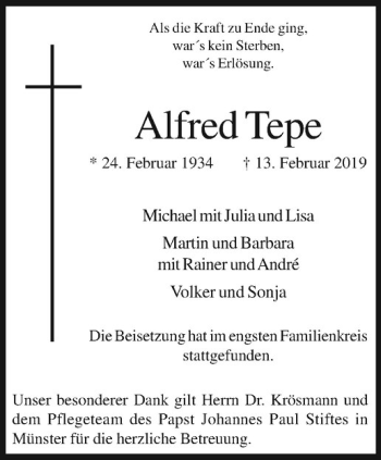 Anzeige von Alfred Tepe von Westfälische Nachrichten