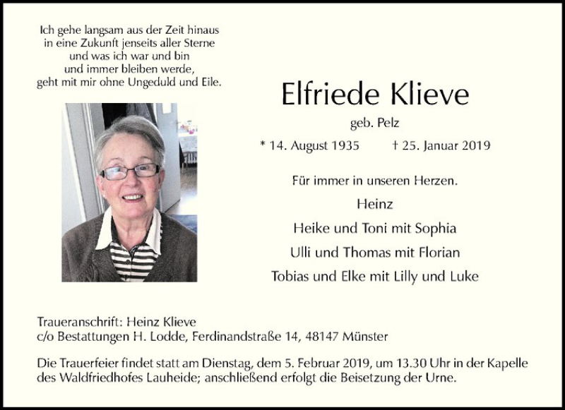  Traueranzeige für Elfriede Klieve vom 01.02.2019 aus Westfälische Nachrichten