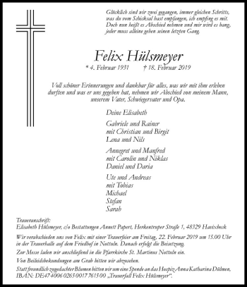 Anzeige von Felix Hülsmeyer von Westfälische Nachrichten
