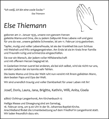 Anzeige von Else Thiemann von Westfälische Nachrichten