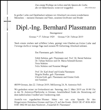 Anzeige von Bernhard Plassmann von Westfälische Nachrichten