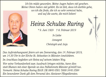 Anzeige von Heinz Schulze Raring von Westfälische Nachrichten