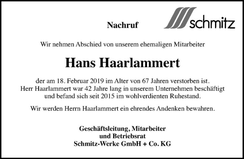  Traueranzeige für Hans Haarlammert vom 25.02.2019 aus Westfälische Nachrichten