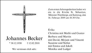 Anzeige von Johannes Becker von Westfälische Nachrichten
