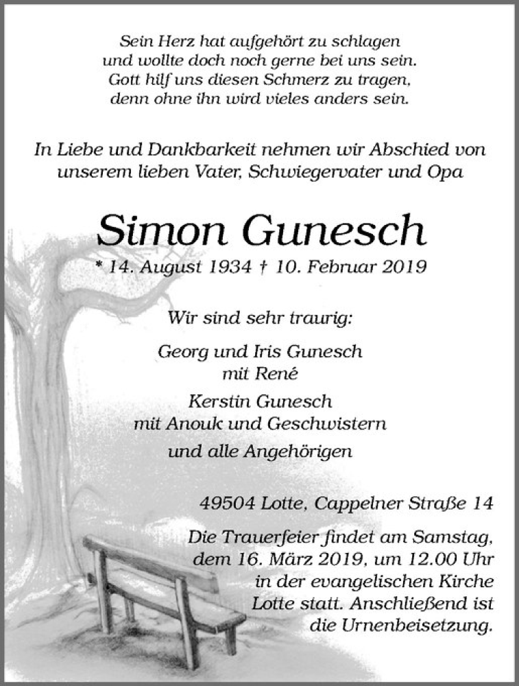  Traueranzeige für Simon Gunesch vom 21.02.2019 aus Westfälische Nachrichten