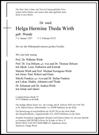 Anzeige von Helga Hermine Theda Wirth von Westfälische Nachrichten