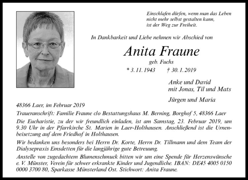  Traueranzeige für Anita Fraune vom 20.02.2019 aus Westfälische Nachrichten