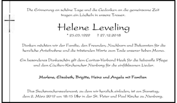 Anzeige von Helene Leveling von Westfälische Nachrichten