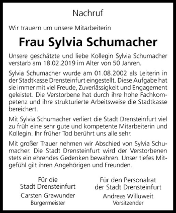 Anzeige von Sylvia Schumacher von Westfälische Nachrichten