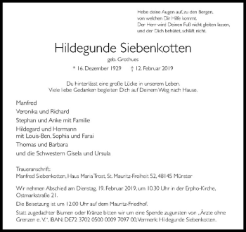 Anzeige von Hildegunde Siebenkotten von Westfälische Nachrichten