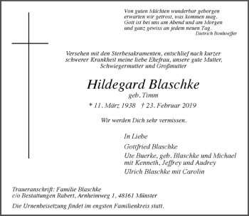 Anzeige von Hildegard Blaschke von Westfälische Nachrichten