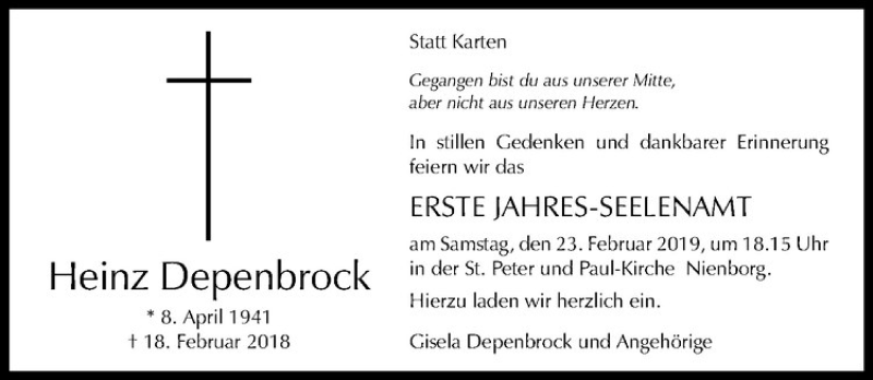  Traueranzeige für Heinz Depenbrock vom 18.02.2019 aus Westfälische Nachrichten