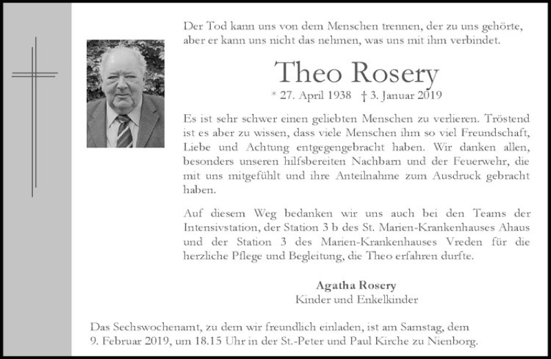  Traueranzeige für Theo Rosery vom 02.02.2019 aus Westfälische Nachrichten
