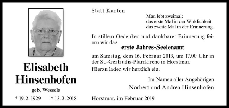  Traueranzeige für Elisabeth Hinsenhofen vom 09.02.2019 aus Westfälische Nachrichten