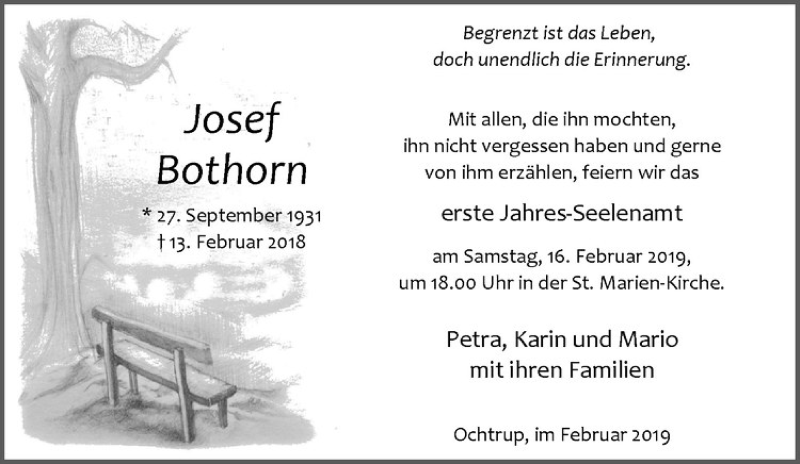  Traueranzeige für Josef Bothorn vom 13.02.2019 aus Westfälische Nachrichten
