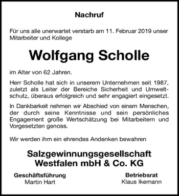 Anzeige von Wolfgang Scholle von Westfälische Nachrichten