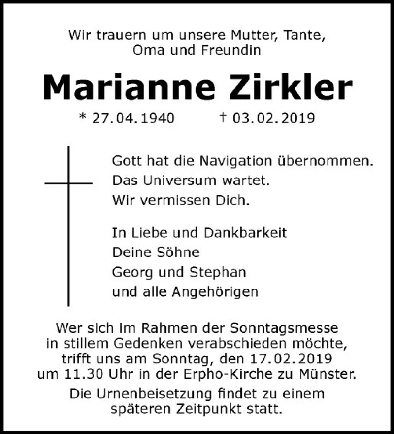  Traueranzeige für Marianne Zirkler vom 09.02.2019 aus Westfälische Nachrichten