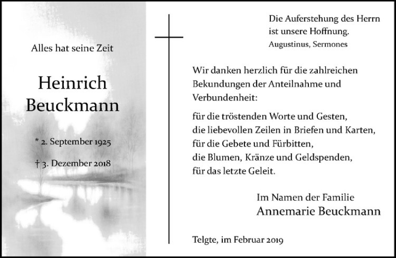  Traueranzeige für Heinrich Beuckmann vom 09.02.2019 aus Westfälische Nachrichten