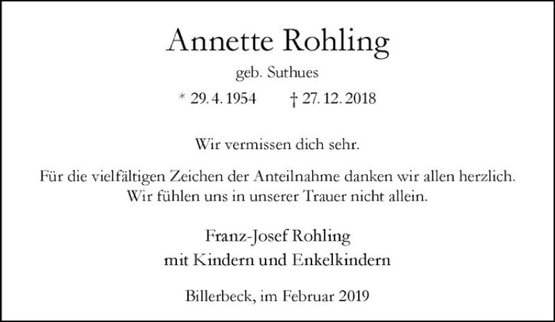  Traueranzeige für Annette Rohling vom 09.02.2019 aus Westfälische Nachrichten