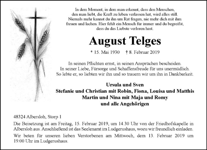  Traueranzeige für August Telges vom 12.02.2019 aus Westfälische Nachrichten