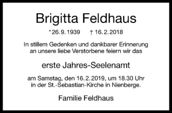 Anzeige von Brigitta Feldhaus von Westfälische Nachrichten