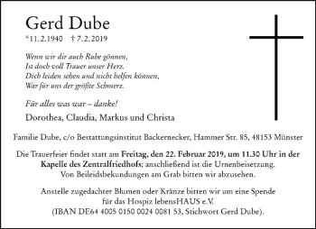 Anzeige von Gerd Dube von Westfälische Nachrichten