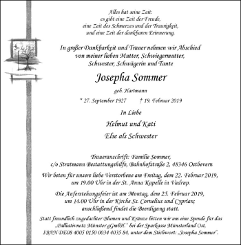 Anzeige von Josepha Sommer von Westfälische Nachrichten