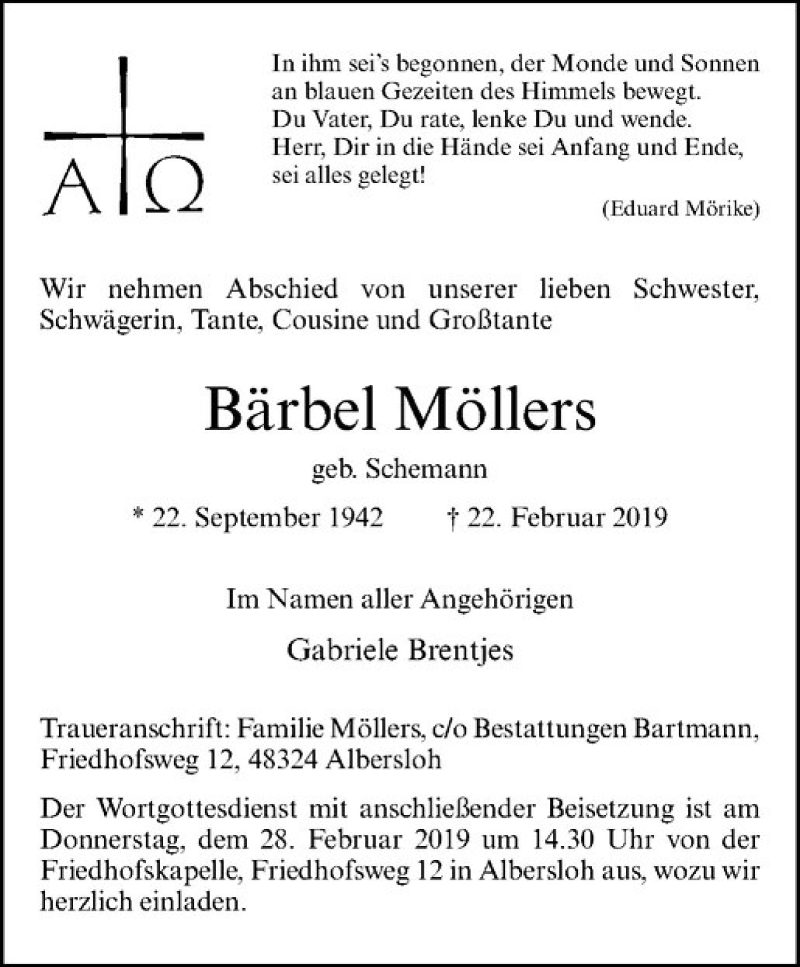  Traueranzeige für Bärbel Möllers vom 26.02.2019 aus Westfälische Nachrichten